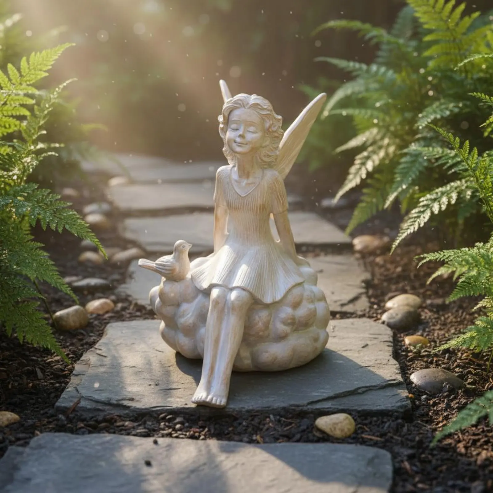 Estatua de hadas con pájaro para jardín – Acabado en cemento - imagen 4