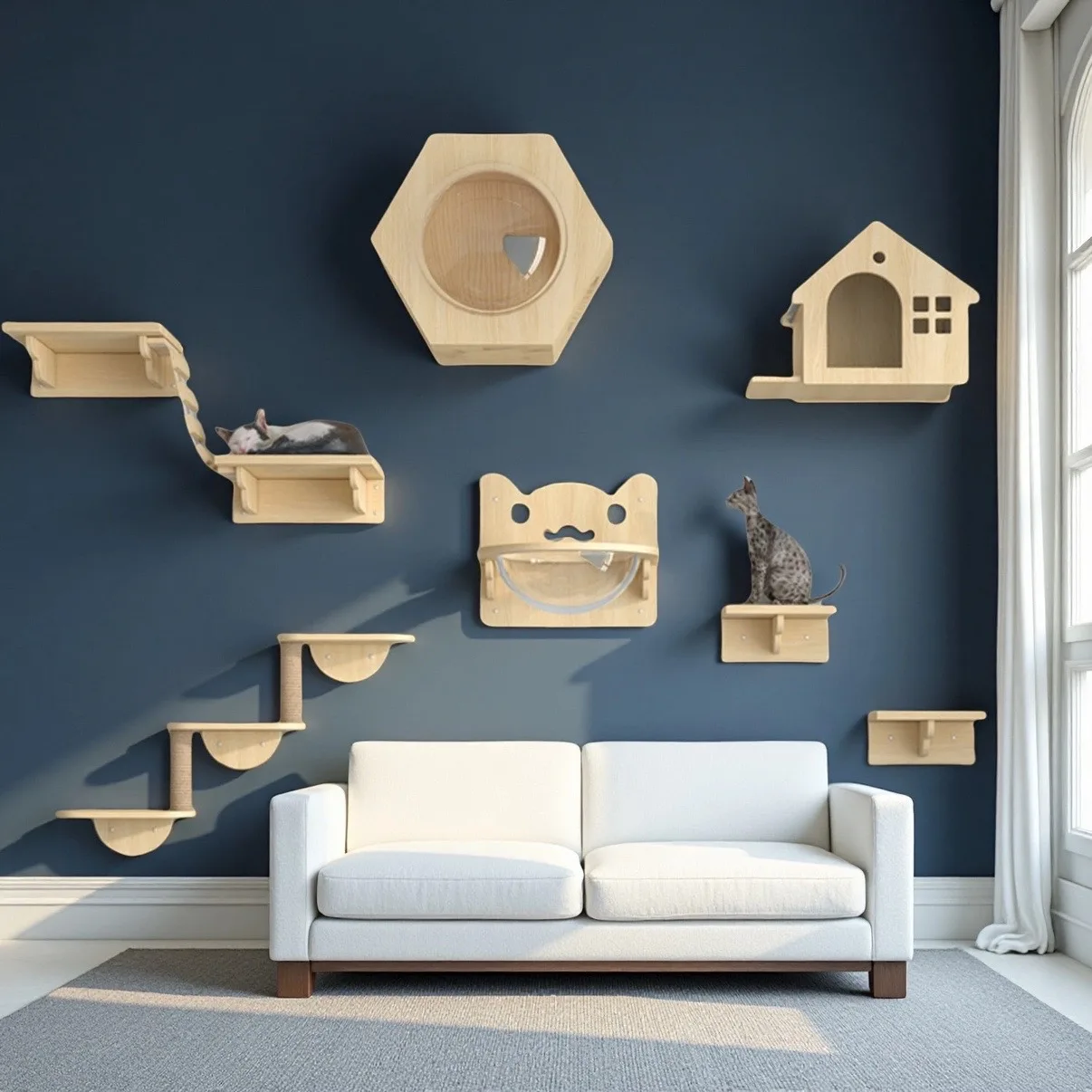 Centro de actividades para gatos montado en la pared de madera con tablero para rascar, hamaca y escaleras trepadoras, muebles de juego para escalar mascotas - imagen 5