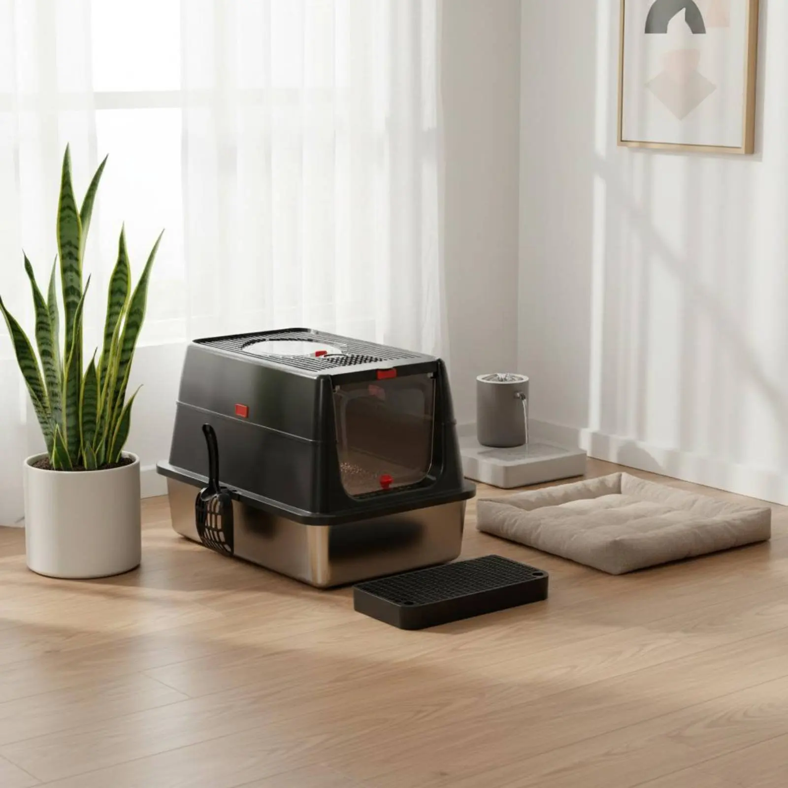 Caja de arena para gatos acero inoxidable tapa articulada lados altos - imagen 4