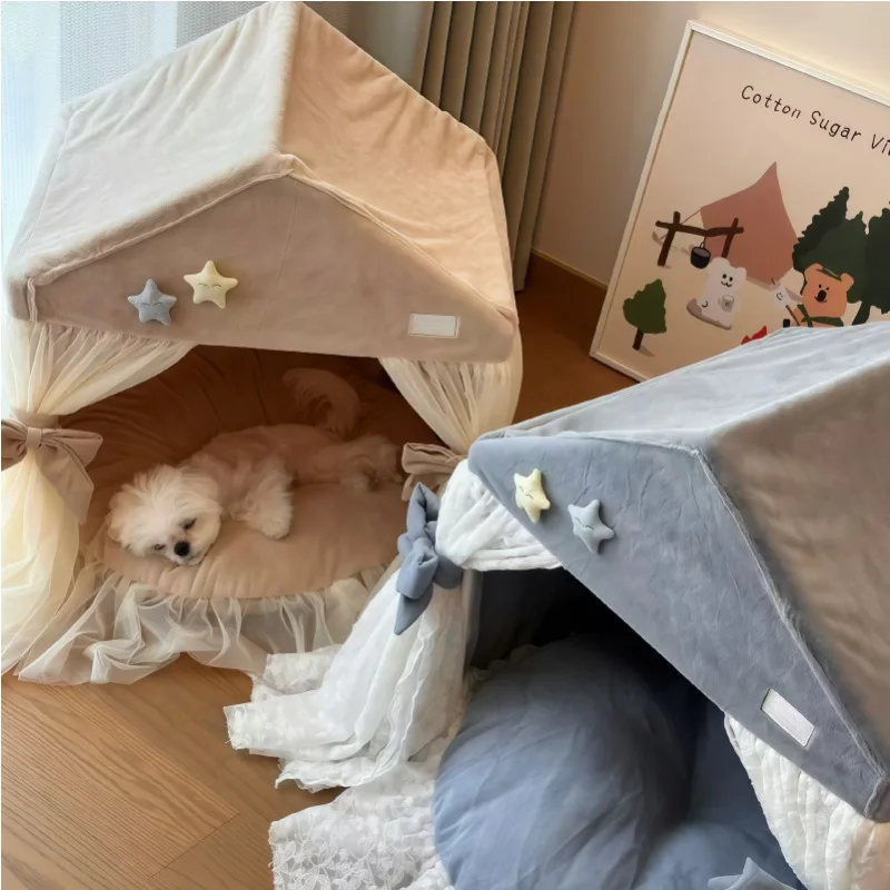 Cama princesa con encaje para gatos y perros lavable cojín extraíble