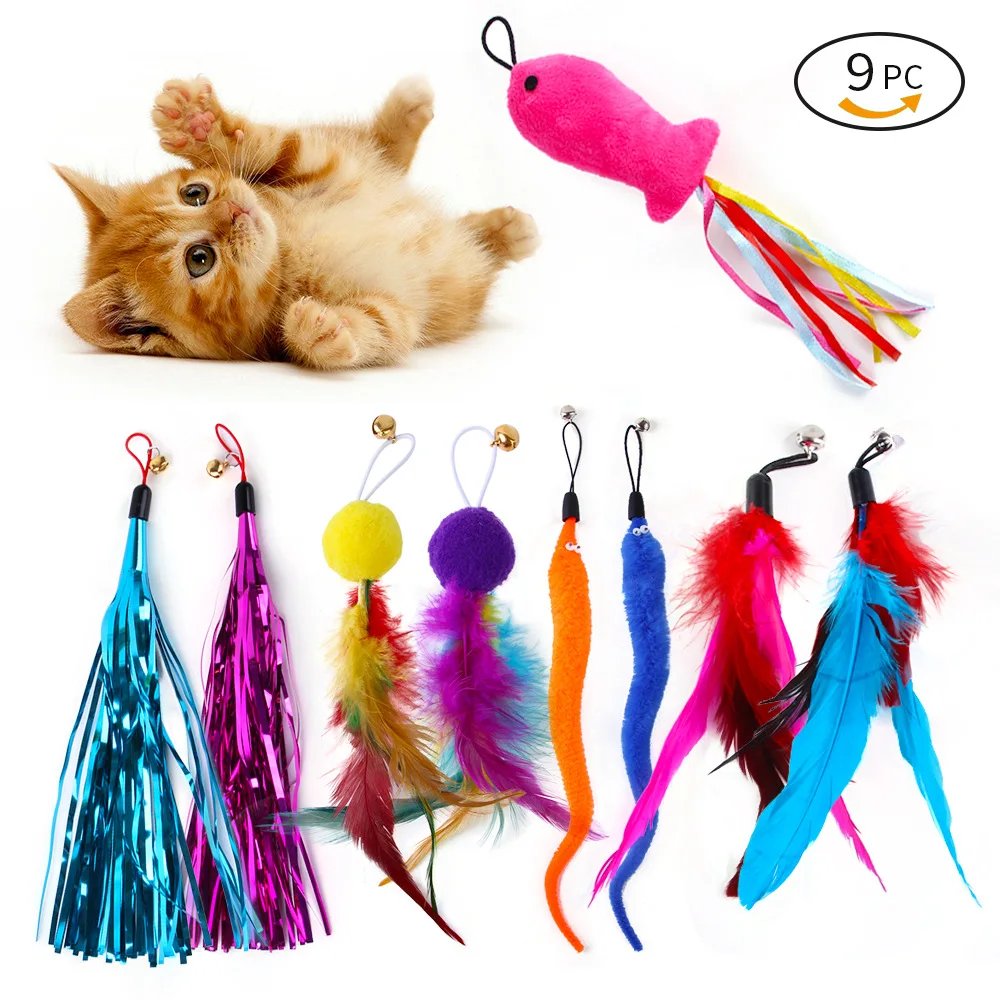 Paquete de 9 cabezales de repuesto de plumas coloridas, divertido palo para gato, borla, pluma, caña de pescar, juego de juguetes para gatos, juguetes interactivos - imagen 4