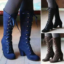 Botas negras casuales hasta la rodilla con cordones – Tacón ancho vintage