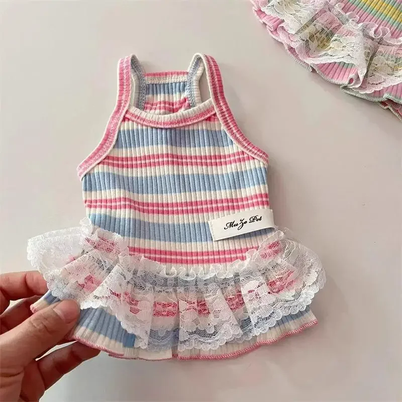Ropa de encaje a cuadros para mascotas, Top con tirantes a rayas, ropa para perros y gatos, falda bonita de princesa, chaleco de peluche para perros pequeños, ropa fina para cachorros - imagen 5