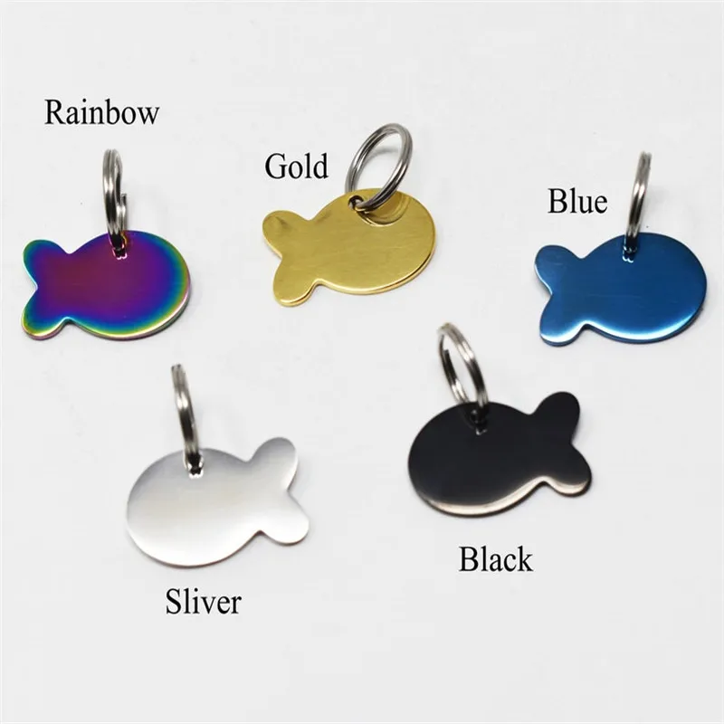 Etiquetas de identificación de gato de acero inoxidable personalizadas, placa de identificación de gatito y cachorro grabada, colgante antipérdida en forma de pez, nombre de Collar - imagen 4