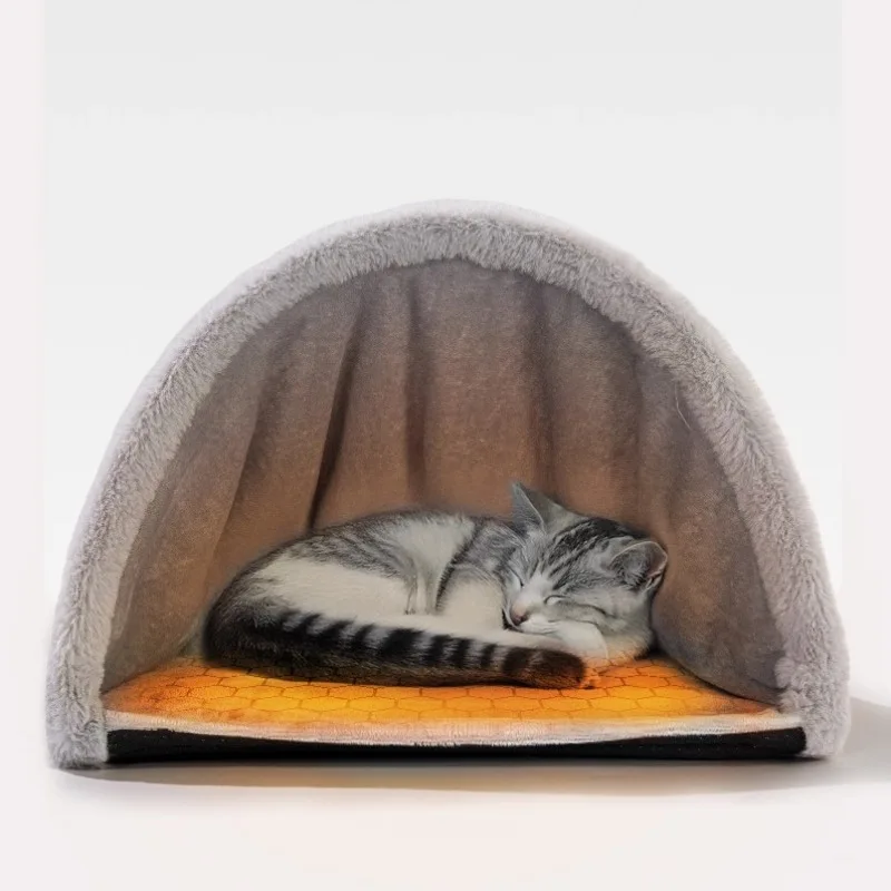 Cama calefactora para gatos, cama cálida de invierno para gatos, camas ajustables de temperatura constante de felpa para gatos, casa suave extraíble semicerrada para mascotas - imagen 5