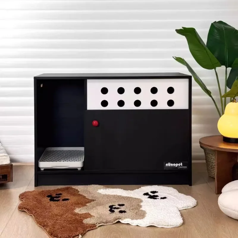 Gabinete de inodoro para gatos, cerrado, a prueba de fugas de arena, viento nórdico, madera maciza negra, diseño de lujo, caja de arena para gatos, gabinete para limpieza de mascotas - imagen 4