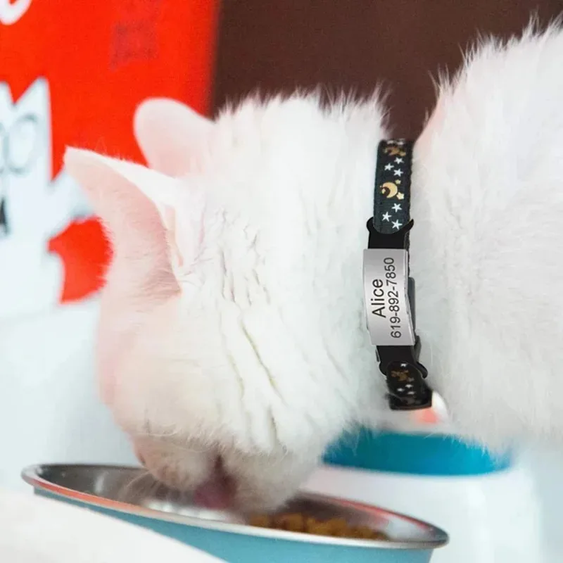 Collar reflectante personalizado para gato, estrella, Luna, placa de identificación para mascotas grabada gratis con campana, accesorio antipérdida para gatitos y gatos, 1 ud. - imagen 4