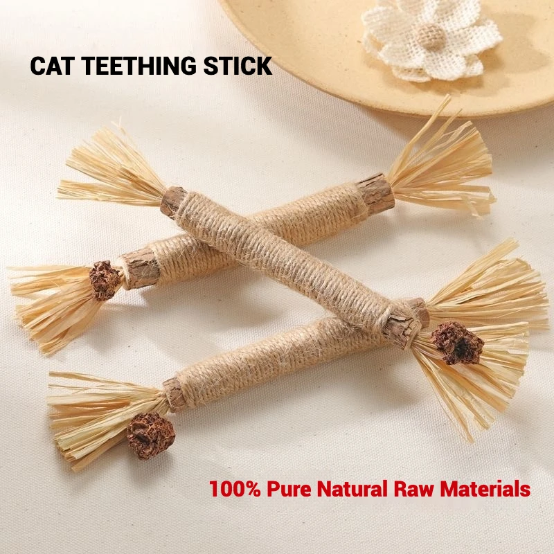 Juguetes para masticar para gatos, juego de palos Polygonum naturales con campana de plumas de rafia de Sisal para la salud Dental, alivio del estrés, respetuoso con el medio ambiente - imagen 4