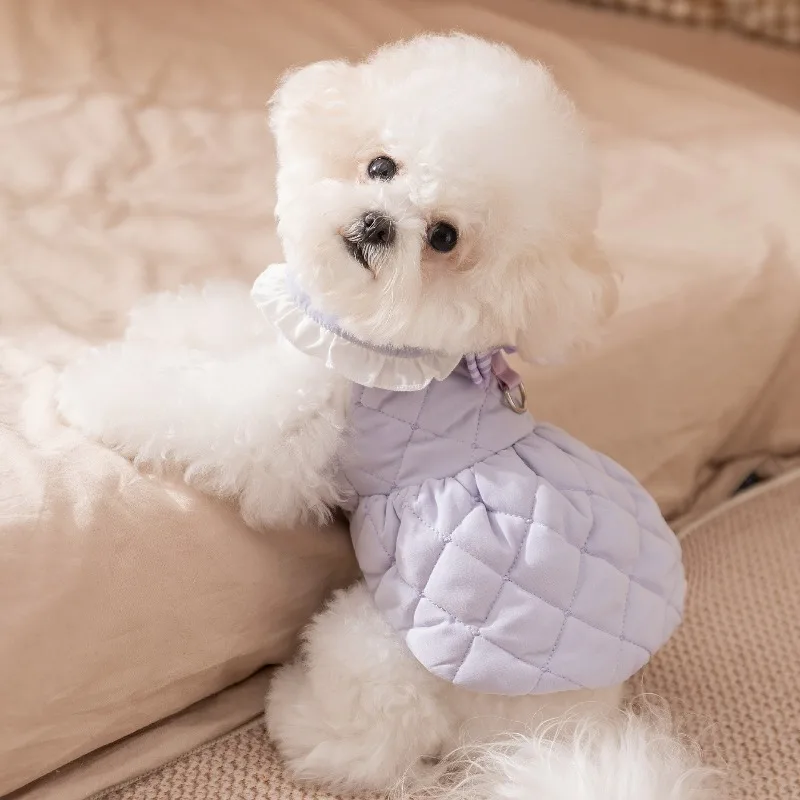 Vestidos de algodón de invierno para mascotas, ropa para perros de Color sólido, chaqueta cálida y gruesa para perros de peluche, abrigo estilo princesa - imagen 3