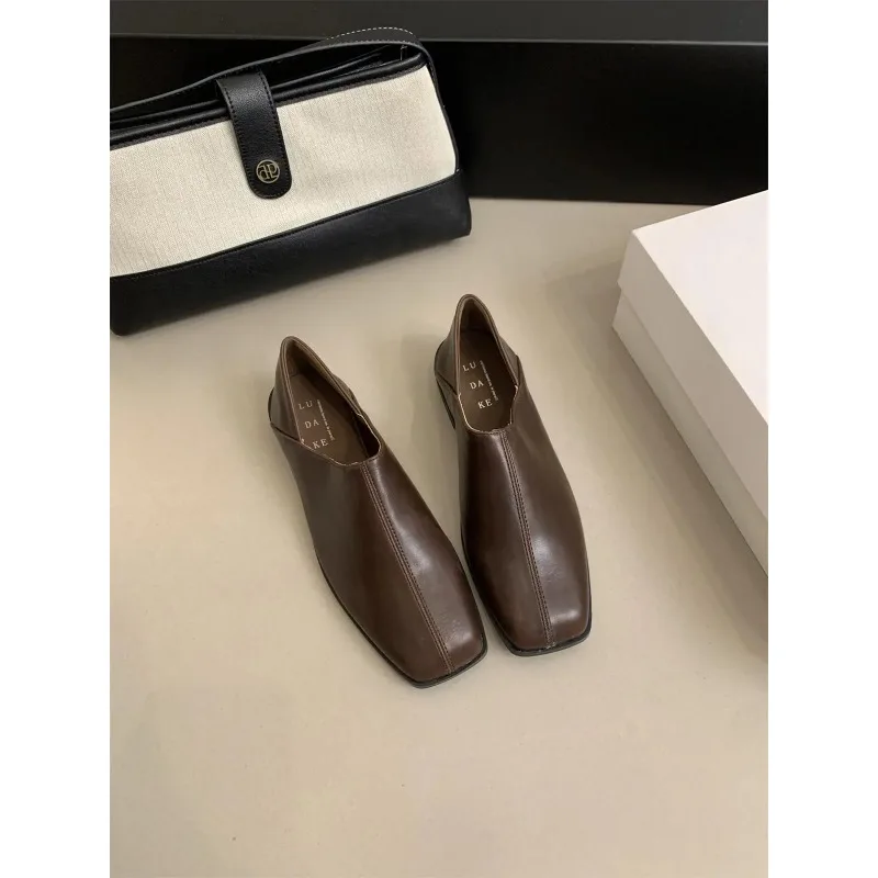 Zapatos planos de cuero con cabeza cuadrada Retro, zapatos planos informales sin cordones de cuero suave para mujer, mocasines de tacón bajo coreanos Sle para Otoño e Invierno - imagen 5