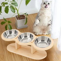 Estación de alimentación para mascotas de madera elevada con 3 tazones inclinados, platos extraíbles de acero inoxidable para perros y gatos pequeños y medianos de interior