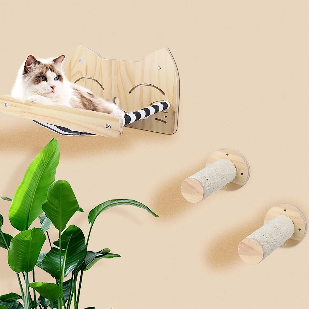 Estantes de escalada para gatos, hamaca y escalones montados en la pared para gatos, plataforma para caminar y saltar, muebles de madera, juego y dormir para gatitos