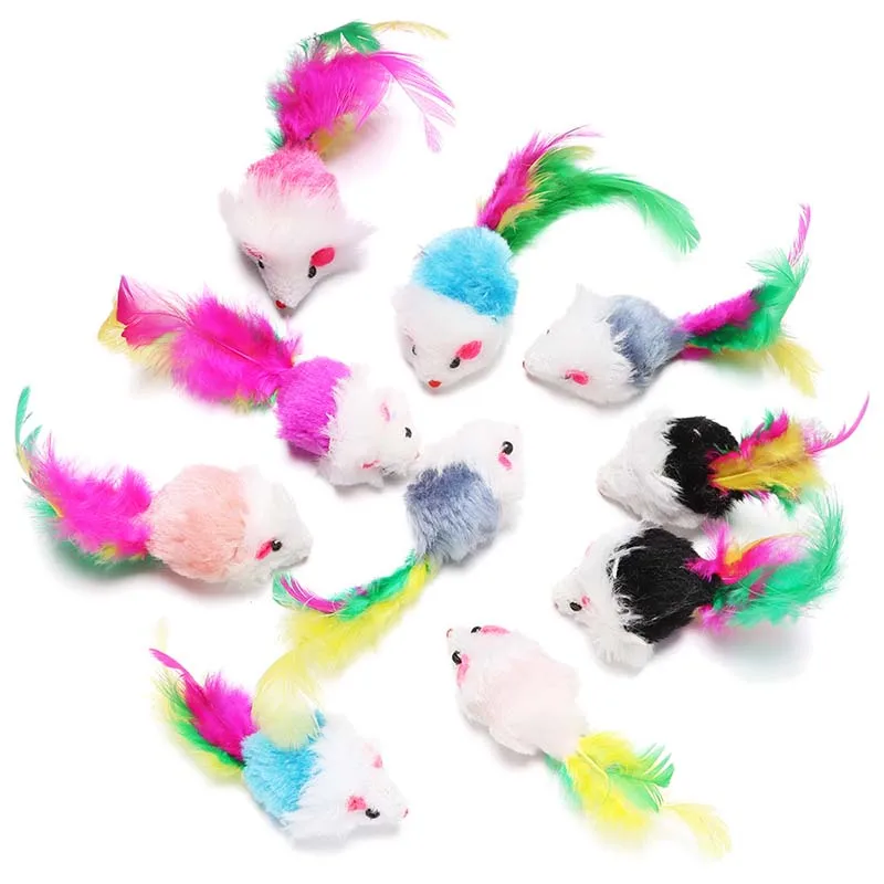 Lindos juguetes para gatos de lana suave, ratón falso, juguetes para gatitos, divertido juguete para gatos con plumas coloridas, juguete interactivo para gatos, accesorios para gatos - imagen 4