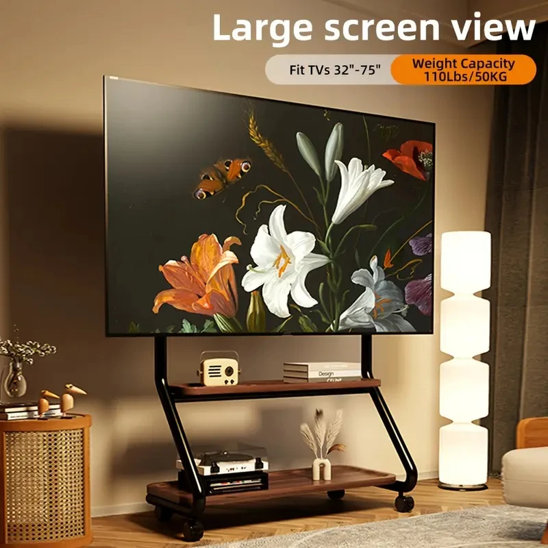 Carro de TV móvil de hierro ajustable con estante de almacenamiento, soporte de TV rodante, máximo VESA 600x500 mm, para pantallas de 32-75 pulgadas para oficina en casa