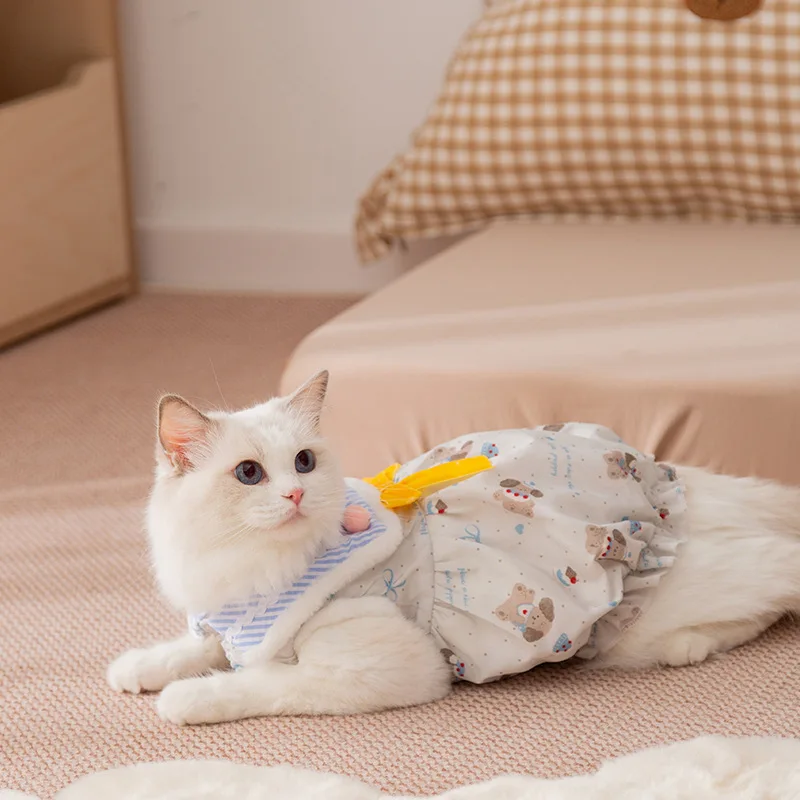 Ropa para gatos con solapa a rayas para mascotas, falda de calabaza estilo princesa con lazo cálido para otoño e invierno, abrigo grueso de felpa para perros - imagen 3