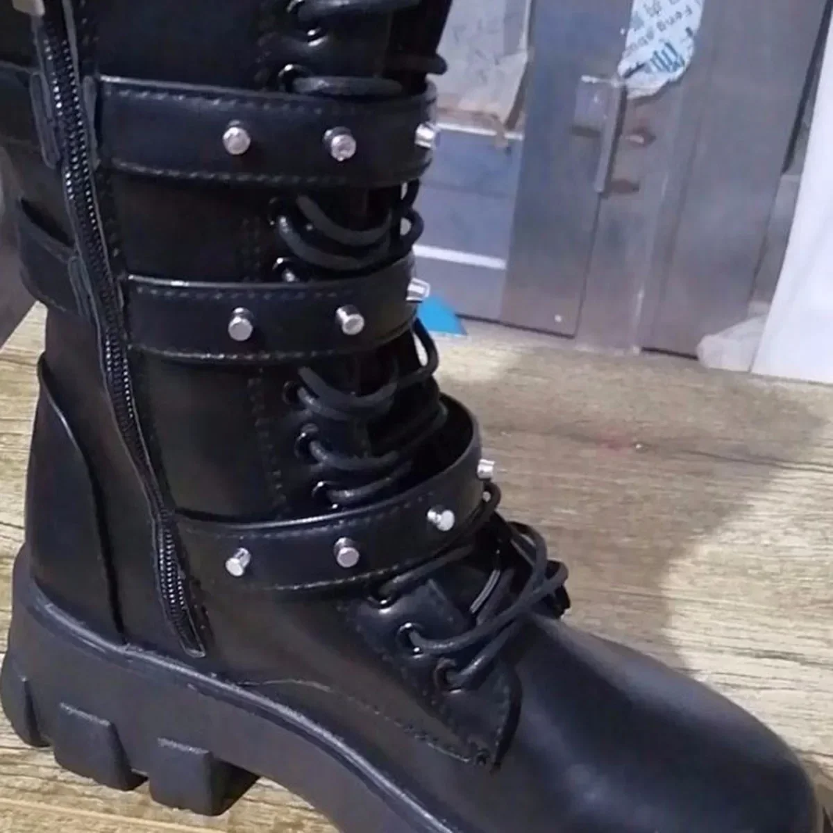 Botas de piel sintética con plataforma para mujer, botines góticos Punk con cordones, zapatos de trabajo informales, invierno, 2023 - imagen 5
