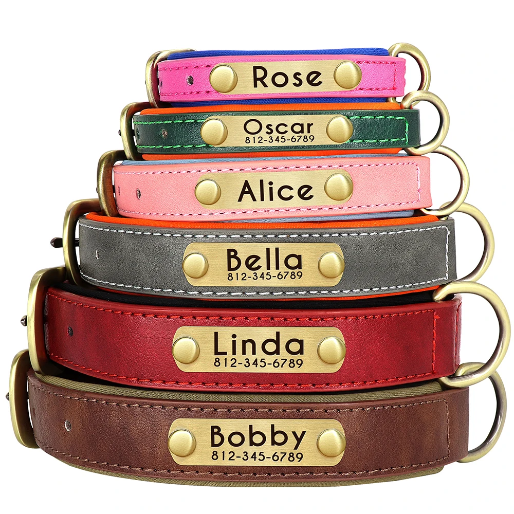 Collar de cuero personalizado para perro, conjunto de correa, Collar de cuero acolchado suave para perros pequeños, medianos y grandes con placa de identificación grabada gratis - imagen 2