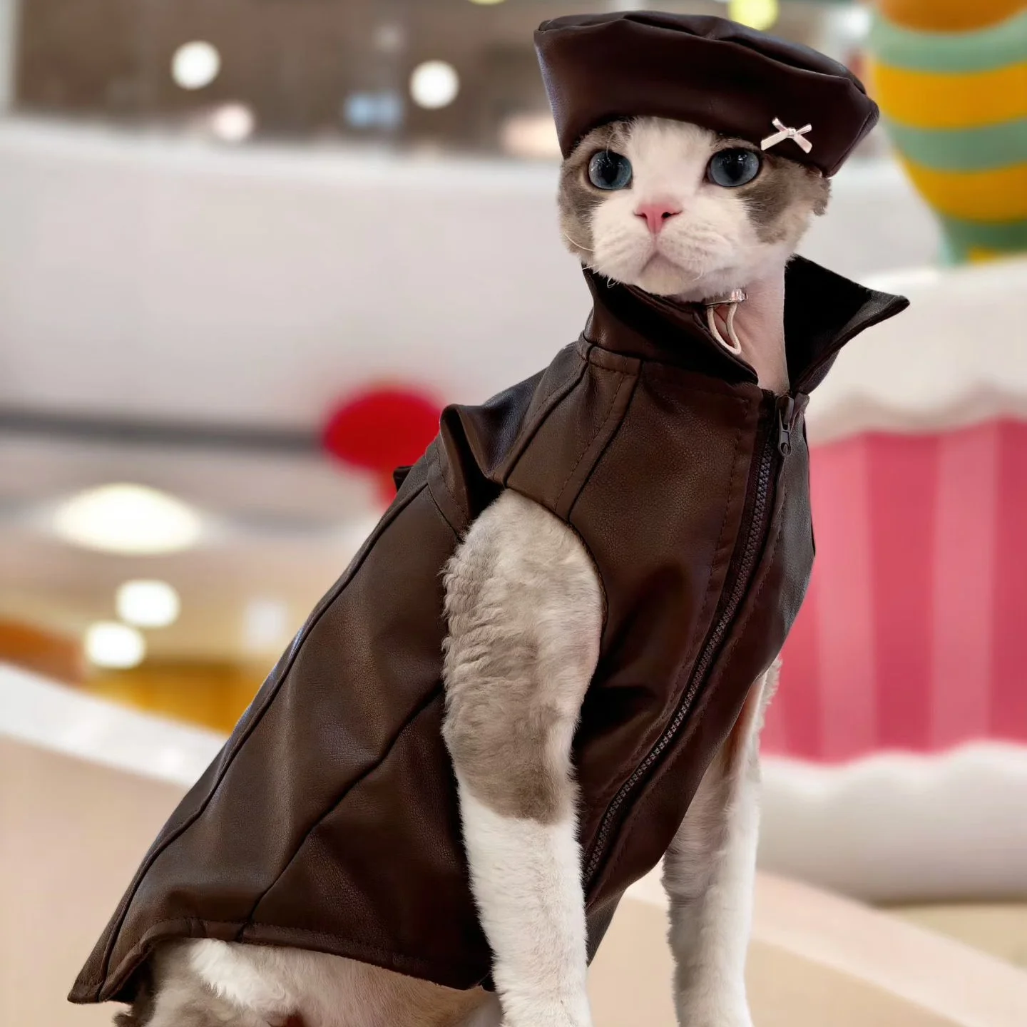 Chaqueta de invierno de cuero PU para gatos Sphynx y Devon Rex
