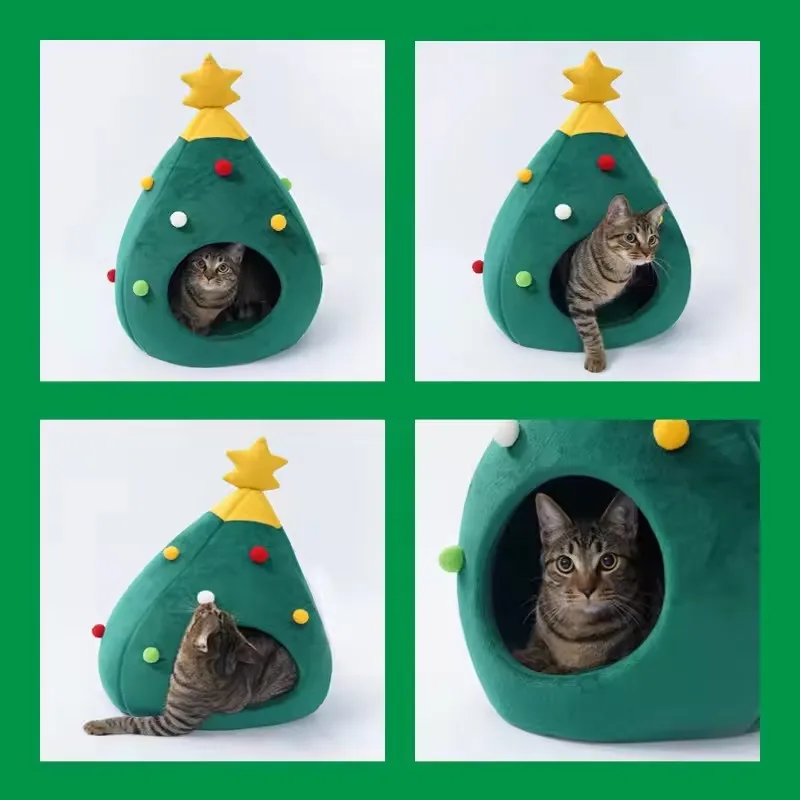 Árbol de Navidad, cama para gatos, casa, nido suave y cálido para mascotas, perro pequeño, cachorro, forma de cueva, regalo de temporada navideña, alfombra de felpa cómoda para interiores - imagen 4