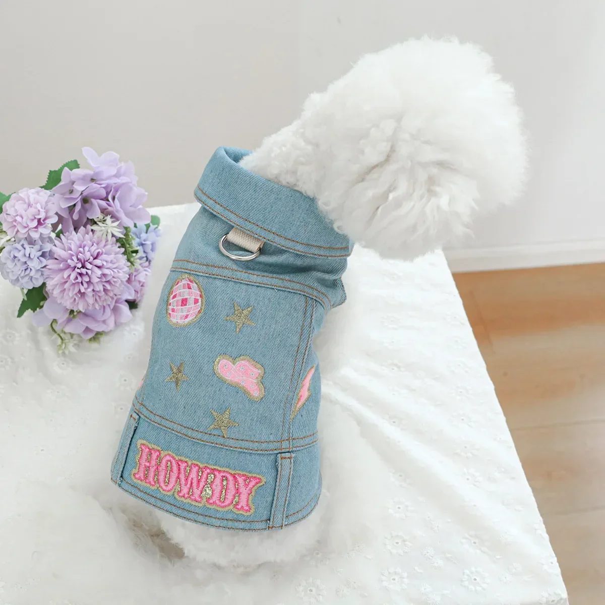 Chaleco vaquero bordado rosa para mascotas, chaqueta vaquera para perros, ropa para gatos, abrigo dulce para mascotas, ropa para cachorros, chaqueta para perros pequeños - imagen 3