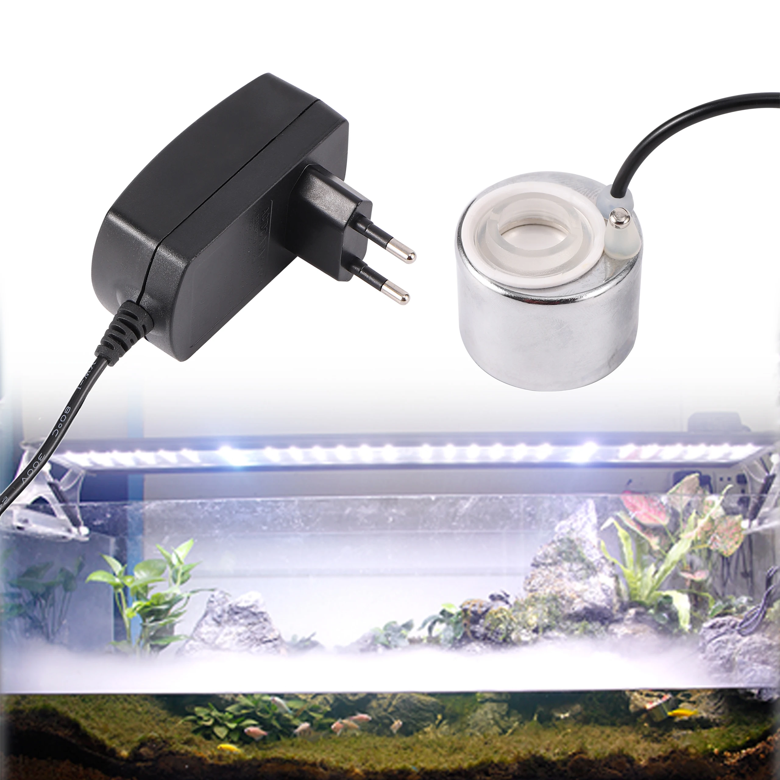 Mini humidificador ultrasónico para acuario, nebulizador de paisajismo de rocalla interior, fuente de agua, atomizador de estanque, 24V/1A, CC