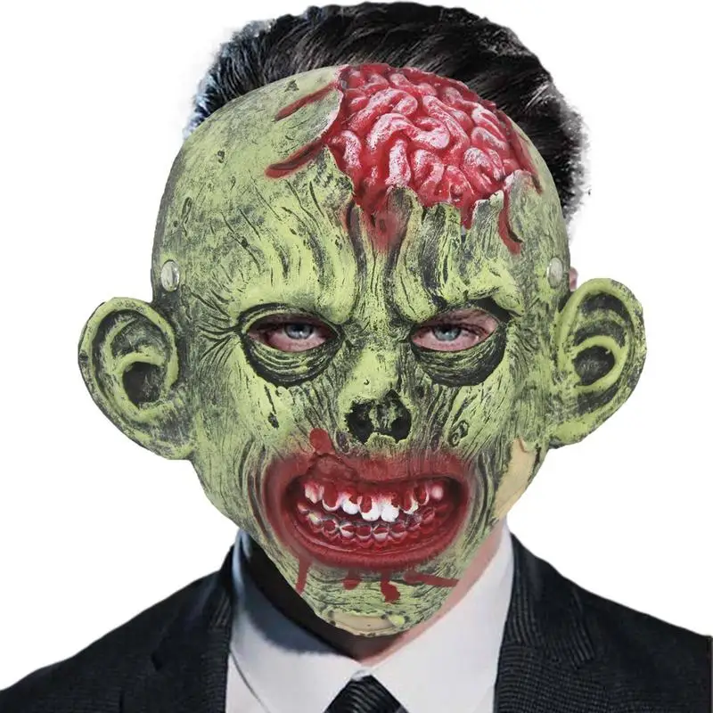 Mascarilla de piel sintética para adultos, máscara de cara completa de 28x27cm, con dibujo de Zombie Brain, para fiesta, casa encantada y Cosplay - imagen 5