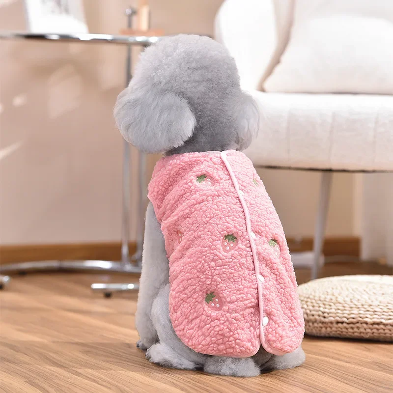Abrigo cálido de invierno con diseño de fresa para perros y mascotas, Sudadera con capucha de lana de cordero bordada, chaqueta de peluche, ropa para mascotas pequeñas, ropa para cachorros - imagen 2
