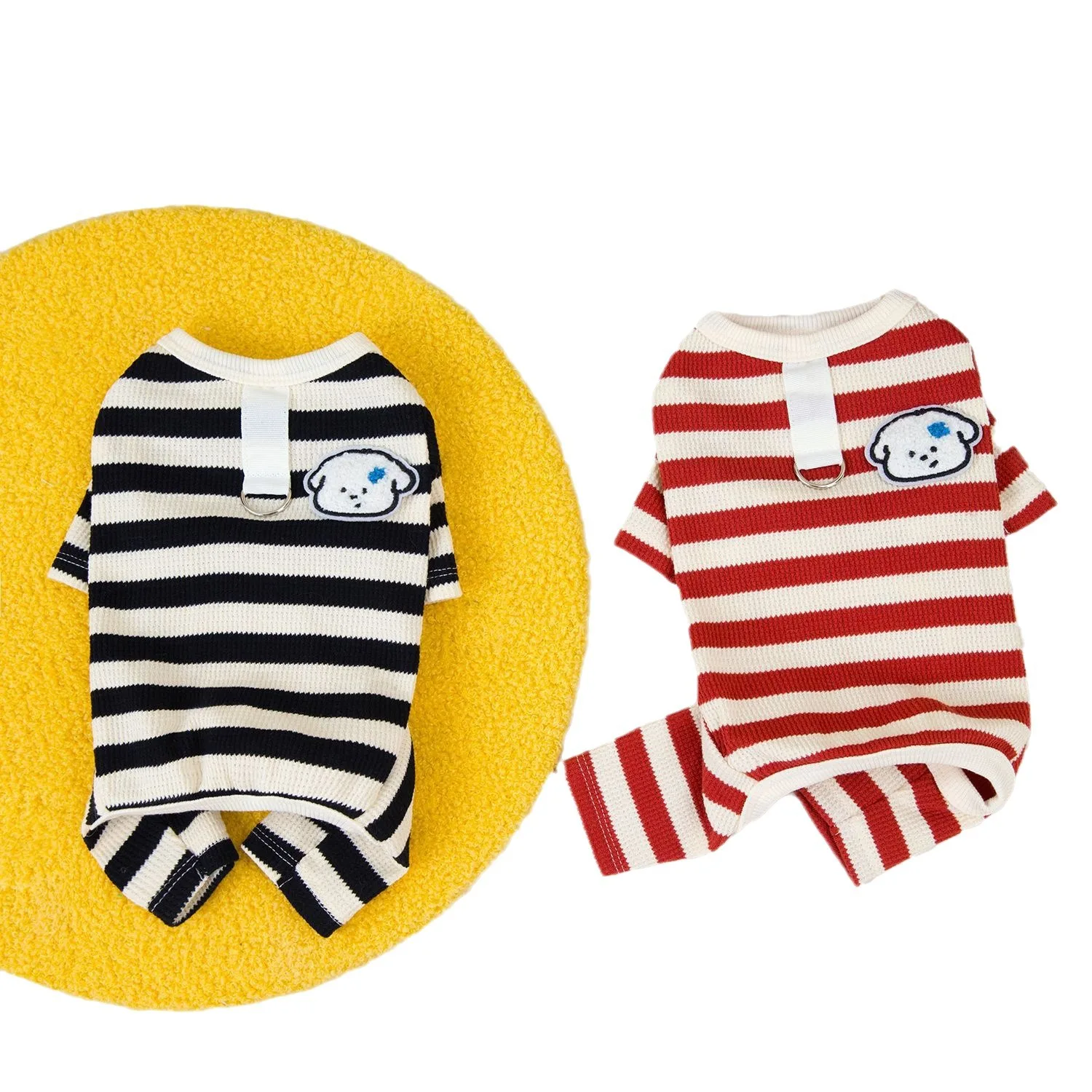 Pantalones de cuatro patas a rayas para mascotas, mono de otoño e invierno, ropa para cachorros, camisa Base para mascotas, camisa de cuatro patas a rayas de gofres, pijamas para perros - imagen 5