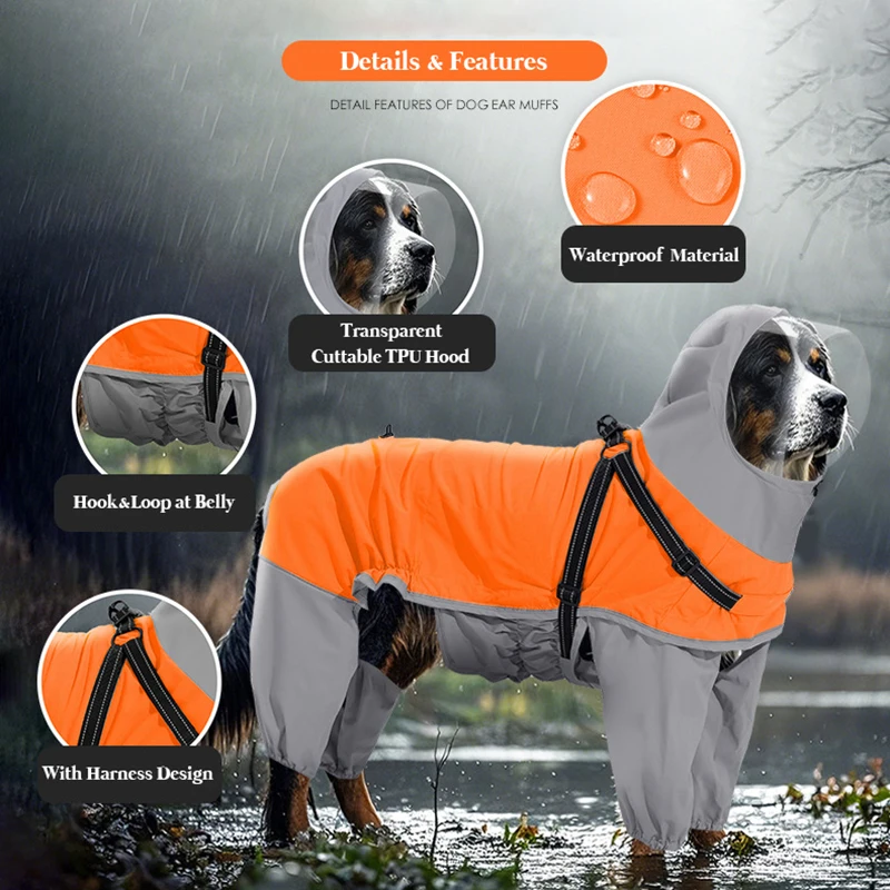 Chubasquero para perros medianos y grandes, impermeable para exteriores, chaqueta de lluvia para perros con arnés, traje de lluvia reflectante de cuerpo completo, ala Visible - imagen 3