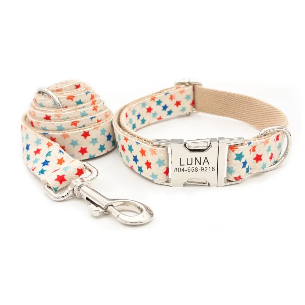 Collar de perro personalizado con grabado gratuito, correa para mascotas a juego, hebilla de Metal de contactos personalizados, Collar para mascotas con estrellas de Color caramelo