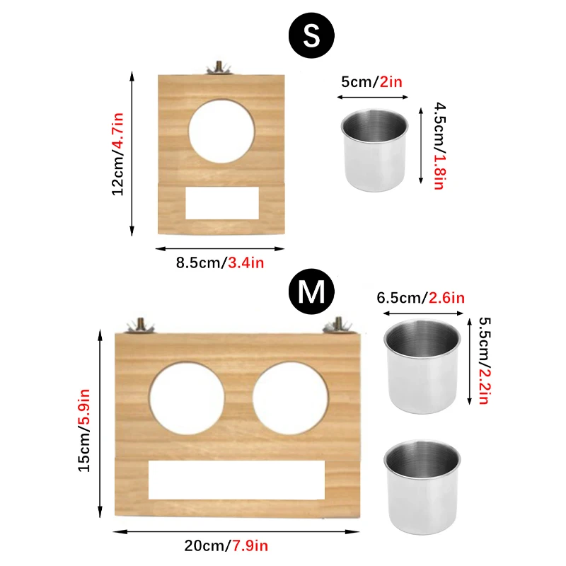 Alimentador de agua y comida para pájaros, cuenco doble de acero inoxidable, tazas de alimentación para loros, cuencos de agua con plataforma de soporte de madera para pájaros pequeños - imagen 4