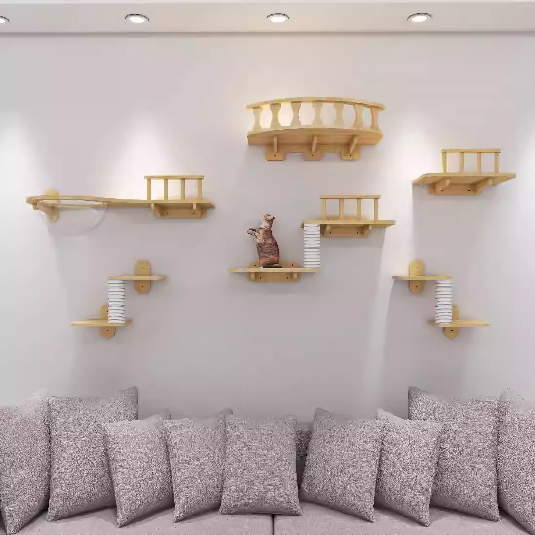 Juego de muebles para gatos montados en la pared, estantería flotante con postes rascadores, escalones y hamaca para dormir, ahorro de espacio - imagen 4