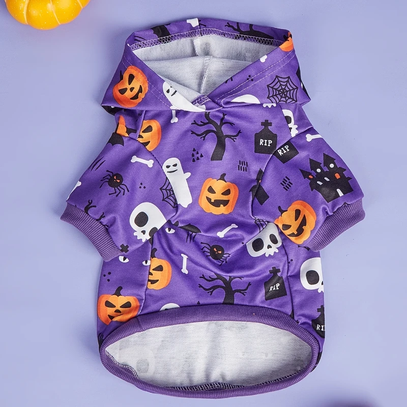 Sudadera con capucha de Halloween para mascotas con estampado de calabaza, murciélago y calavera, sudadera con capucha morada, disfraces para perros pequeños, sudaderas con capucha para mascotas, ropa cálida para mascotas - imagen 3