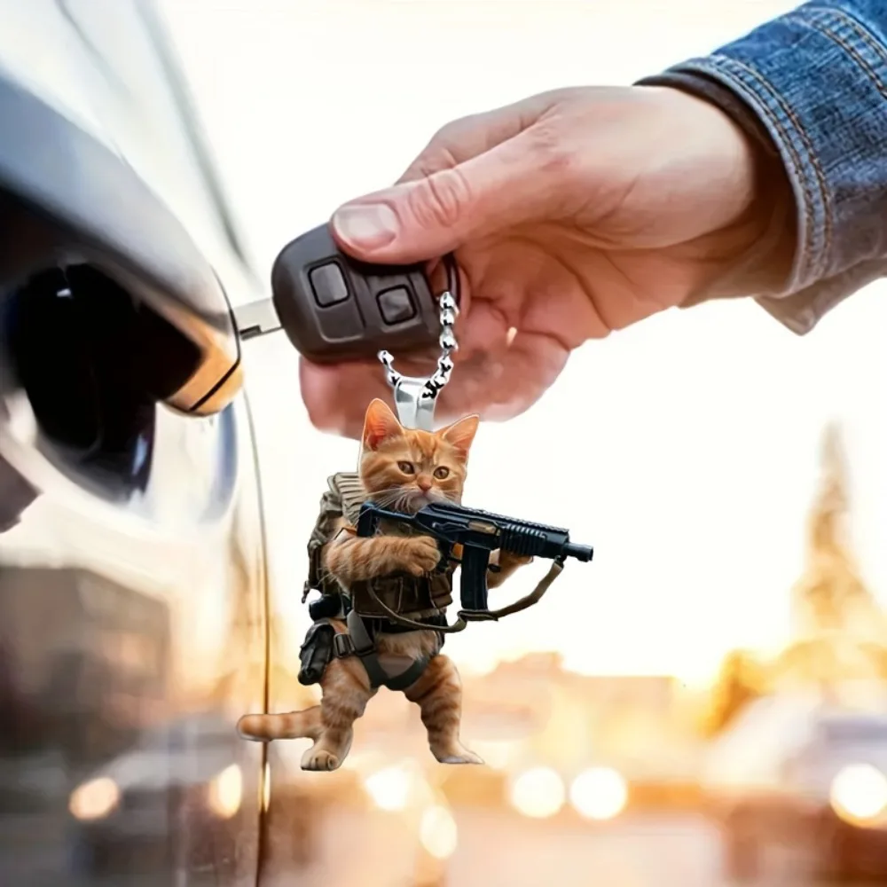Llavero acrílico de gatito soldado, duradero, 2D, espejo de coche, colgante y bolso, llavero de gato bonito, regalo de Navidad para hombre, mujer y niña - imagen 4