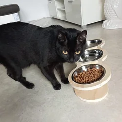 Comedero elevado de madera para mascotas con 3 tazones de acero inoxidable, soporte elevado para cuencos de comida y agua para gatos y perros pequeños, suministros para mascotas