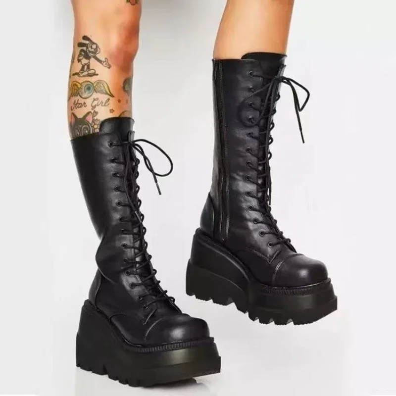 Botas de plataforma para mujer, botines militares de combate contra la lluvia, cuero corto negro, Rock, Punk, gótico, Lolita, Ofertas de liquidación, Invierno - imagen 2
