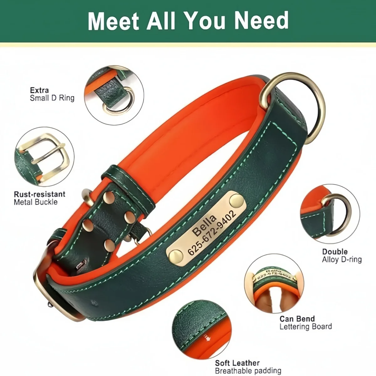 Collar personalizado para perro acolchado con placa y grabado gratis - imagen 3