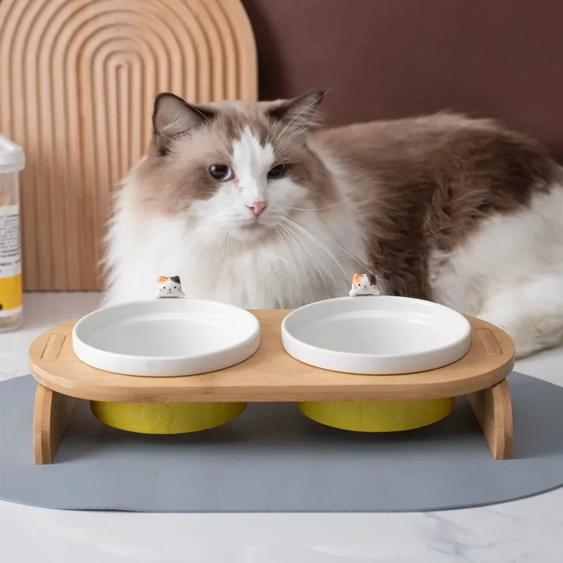Cuenco doble para mascotas de dibujos animados, soporte alimentador de agua para comida de gato y perro, plato de cerámica elevado, mesa de madera, suministros para mascotas, cuencos para gatos - imagen 2