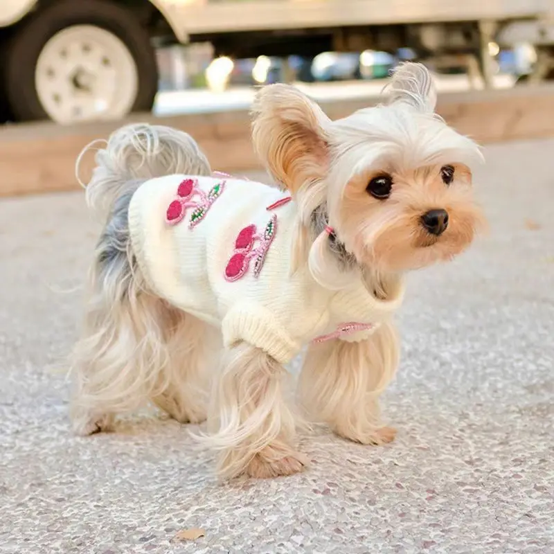 Ropa de cereza para perros, suéter de invierno para mascotas, jersey de punto de fruta cálido para perros pequeños, hermoso jersey sin mangas para maltés - imagen 3