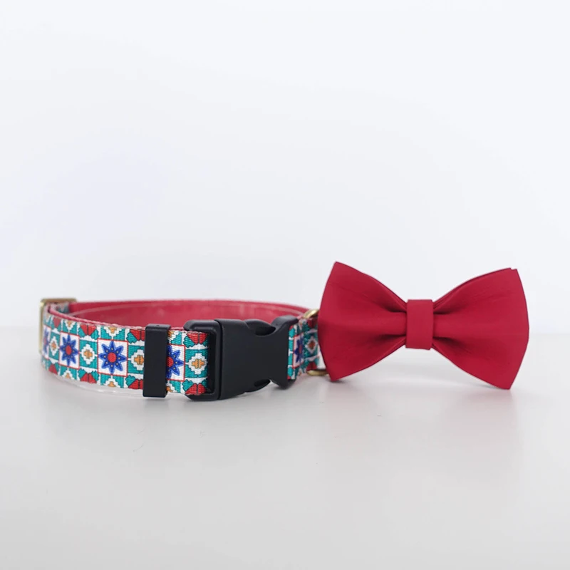 PLATTCO, venta al por menor, conjunto de Collar hecho a mano de alta calidad con pajarita, caleidoscopio azul, Collar para perro, conjunto de correa, 5 tamaños PDC375 - imagen 4