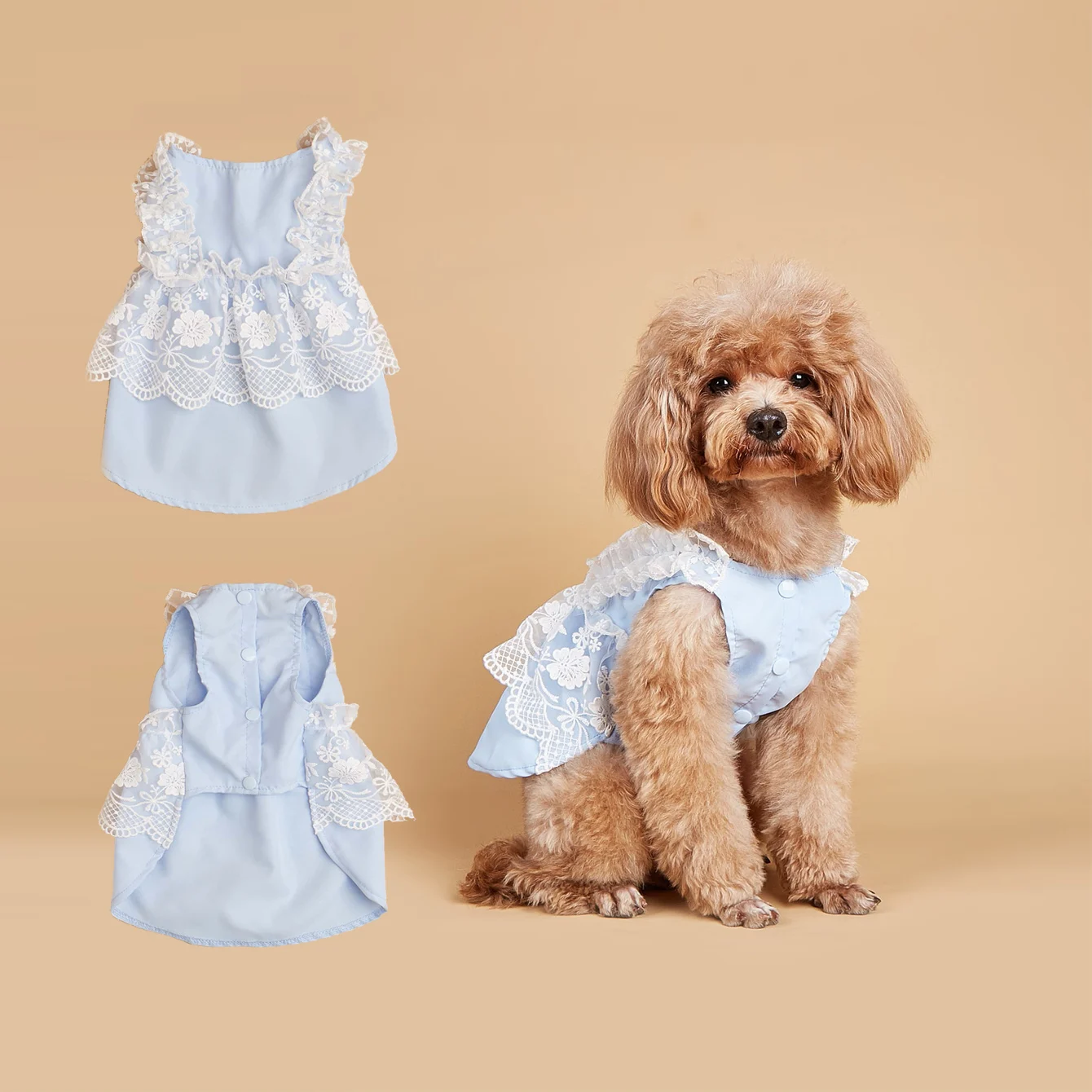 Vestido de perro azul claro de verano con decoración de encaje, ropa sin mangas de princesa para perros y niñas, disfraz de fiesta para perros pequeños/gatos