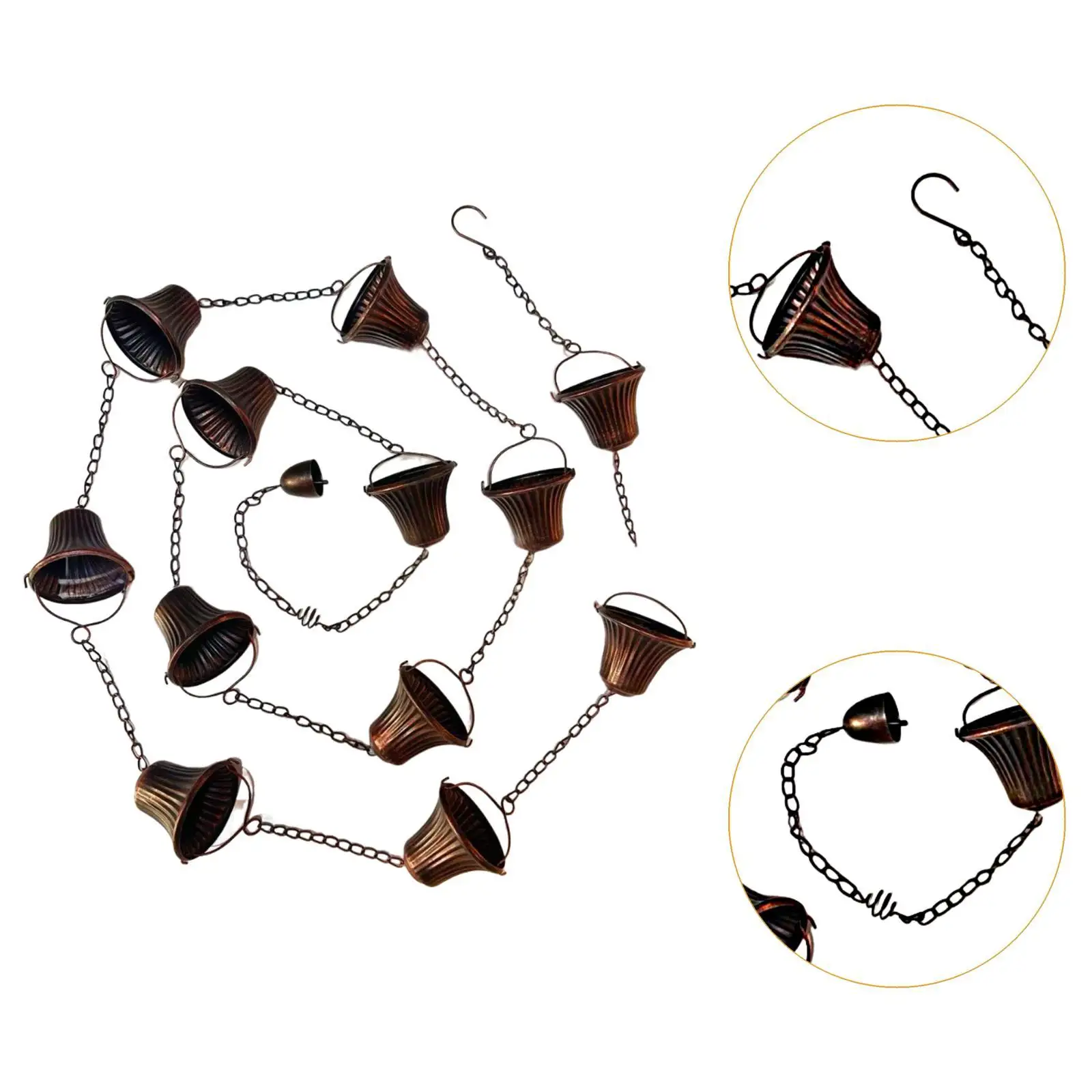 Cadenas de lluvia para canalones resistentes de 12,5 pies para drenaje de aleros, para bajante con 12 tazas decorativas para techos, toldos de patio al aire libre - imagen 5