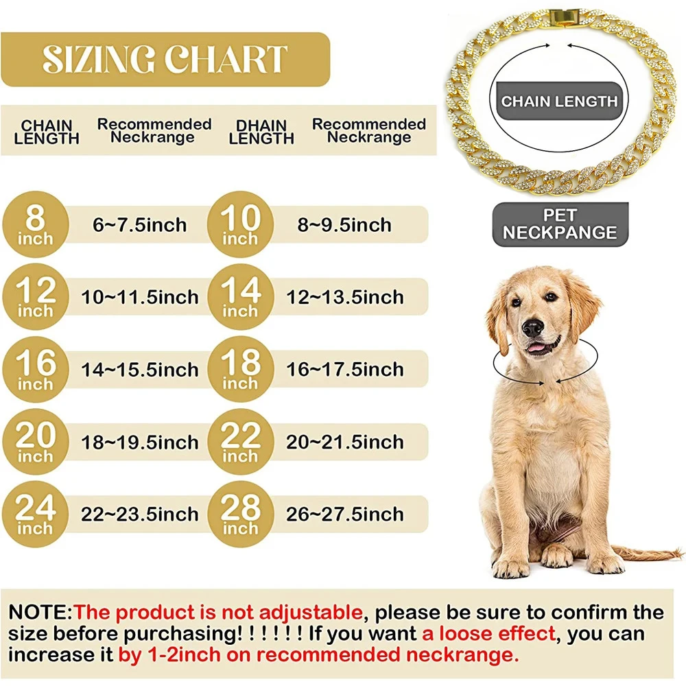 Collar de cadena de perro de oro de 15mm, Collar de cristal de enlace cubano de diamante de lujo, Collar de perro duradero para perros pequeños, medianos y grandes y gatos - imagen 4
