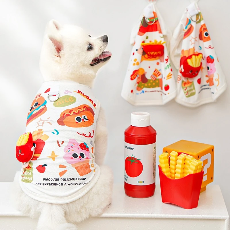 Camiseta de verano con protección UV para perros de compañía, chaleco de malla Unisex con hamburguesa de dibujos animados para gatos, monos, ropa de Bulldog Francés de alta elasticidad