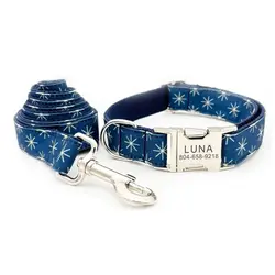 Collar perro grabado gratis + correa a juego azul con estrella cruzada