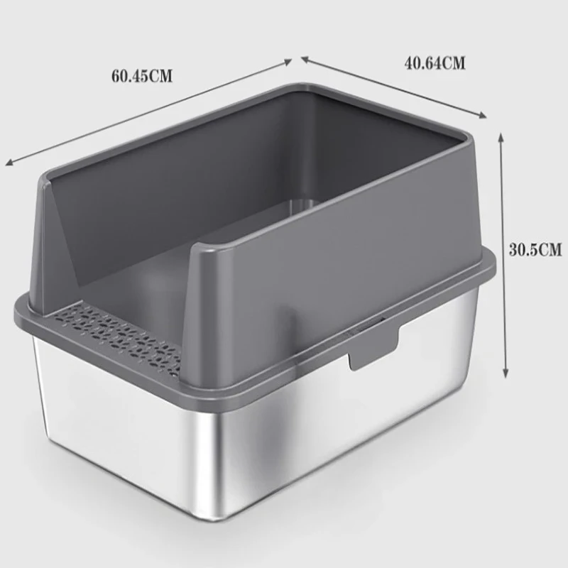 Caja de arena para gatos de acero inoxidable, caja de arena abierta para gatos, valla alta, gran tamaño, antisalpicaduras, caja de arena semicerrada para el hogar - imagen 5