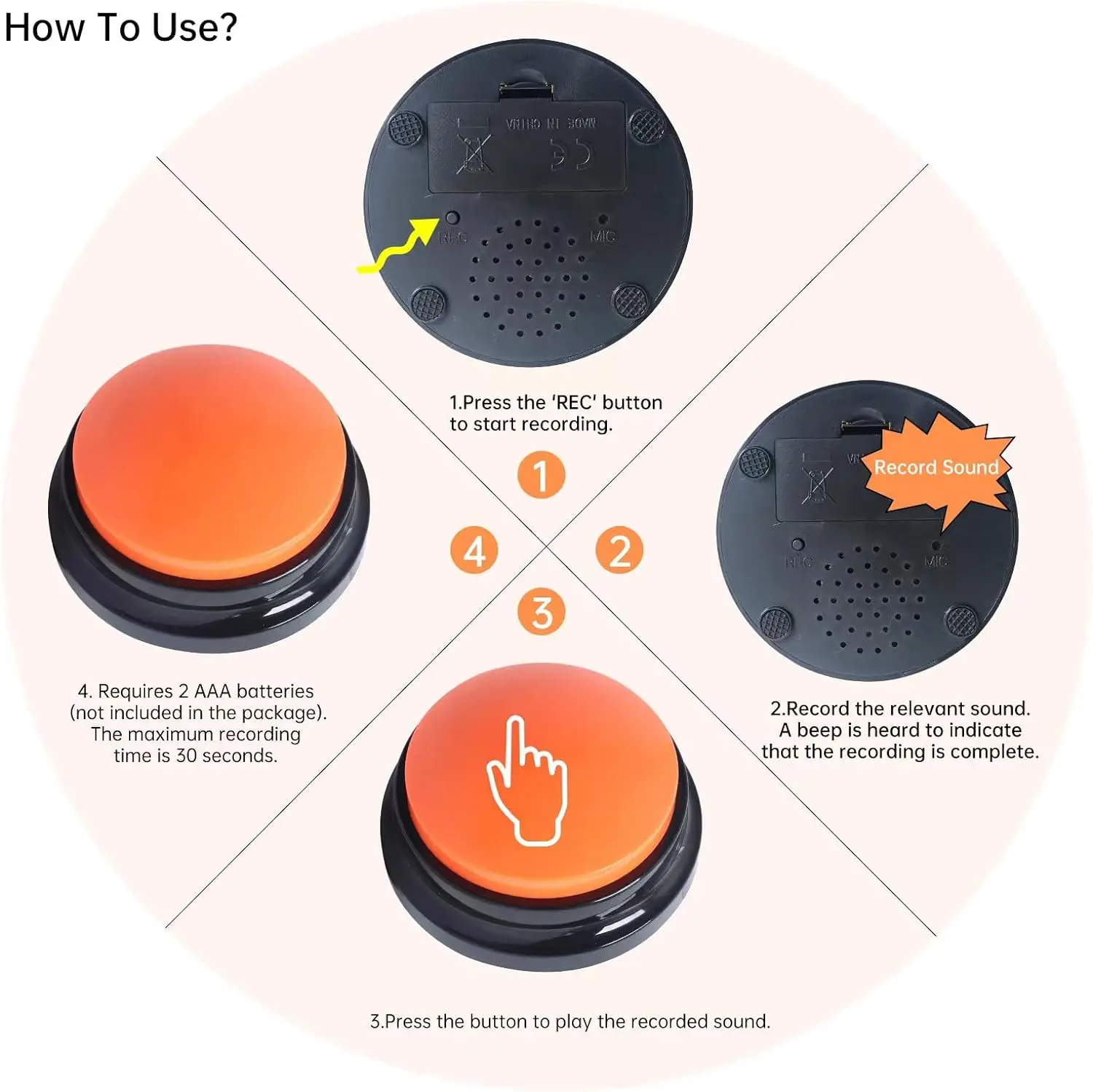 Botón de grabación de voz para comunicación Entrenamiento de mascotas, Botones para perros, Zumbador, 30 segundos de grabación y reproducción, Botón grabable - imagen 3