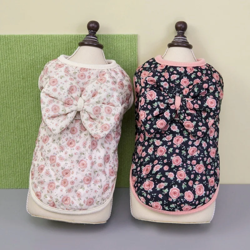 Chaqueta con lazo para perro, abrigo con estampado de flores, ropa para perro, chaleco de algodón cálido para invierno, chaqueta suave para gato, cárdigan para mascota, disfraz para perro