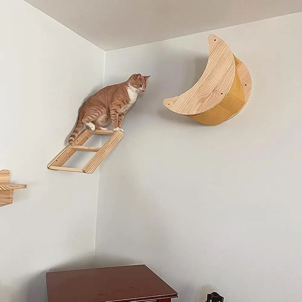 Árbol para gatos montado en la pared, plataforma y escalera, 4 escalones, poste para rascar, hamaca de pared, muebles de madera para mascotas, 1 pieza - imagen 4