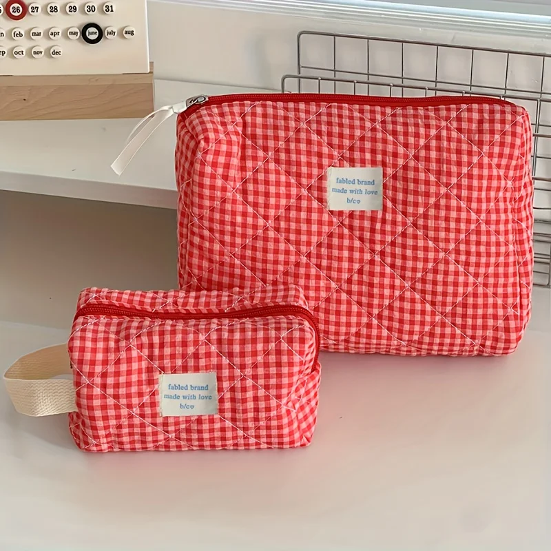 Bolsa de maquillaje a cuadros, bolsa de cosméticos portátil de gran capacidad para mujeres y niñas, bolsa de aseo para el cuidado de la piel, bonita cartera multifuncional - imagen 2